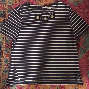 Striped top with jeweled neckline detail